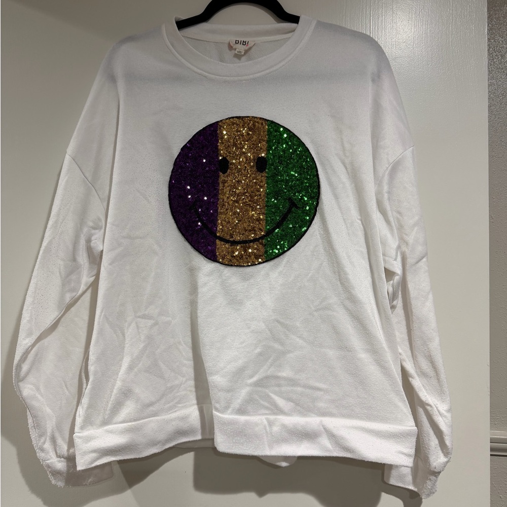 White Mardi Gras Sweatshirt with Sequin Smiley Face